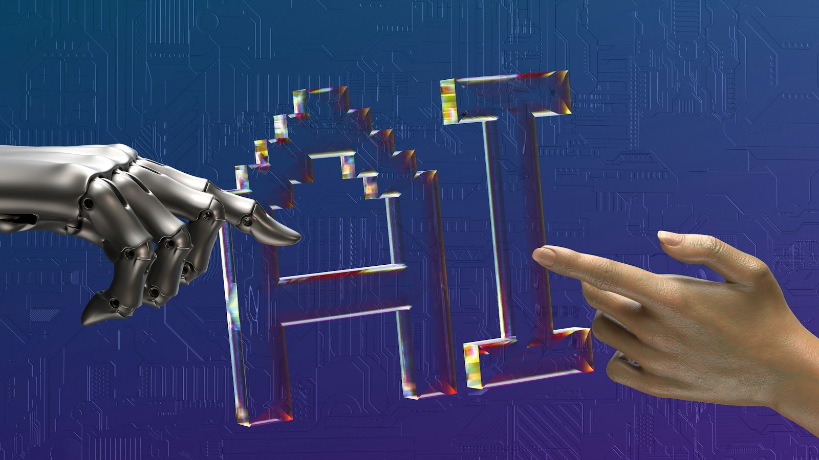 Robot and human hands reaching toward AI – creative agency in Delhi
